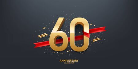 60th Year anniversary celebration background. 3D Golden number wrapped with red ribbon and confetti on black background.のイラスト素材