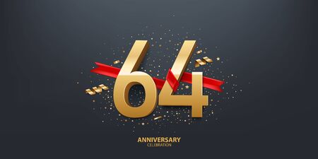 64th Year anniversary celebration background. 3D Golden number wrapped with red ribbon and confetti on black background.のイラスト素材