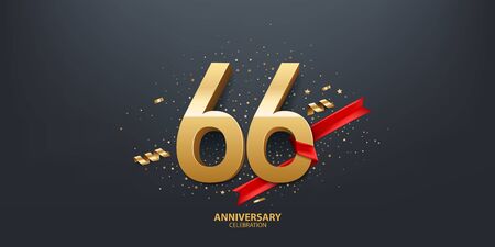 66th Year anniversary celebration background. 3D Golden number wrapped with red ribbon and confetti on black background.のイラスト素材