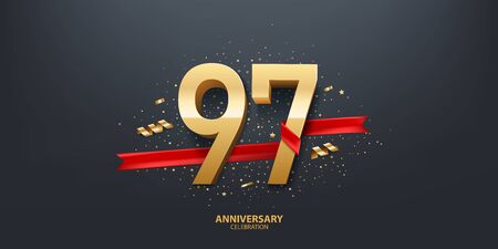 97th Year anniversary celebration background. 3D Golden number wrapped with red ribbon and confetti on black background.のイラスト素材