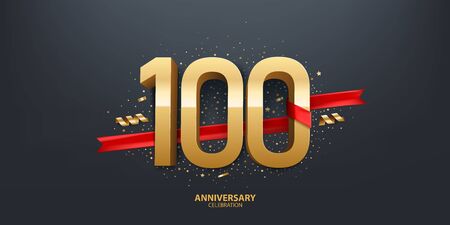 100th Year anniversary celebration background. 3D Golden number wrapped with red ribbon and confetti on black background.のイラスト素材
