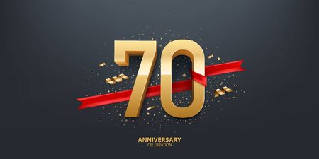 70th Year anniversary celebration background. 3D Golden number wrapped with red ribbon and confetti on black background.のイラスト素材
