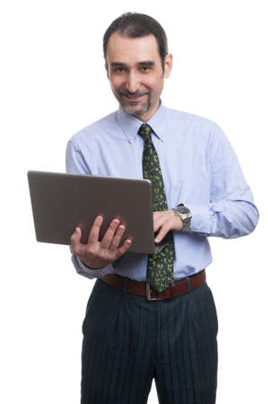 businessman using laptop isolated over white background. Vertical shot.の写真素材
