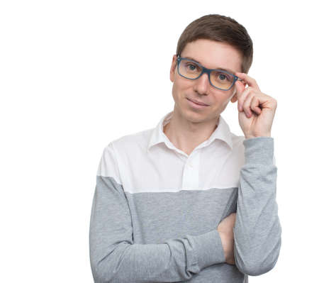 young man in glasses isolated on white backgroundの写真素材