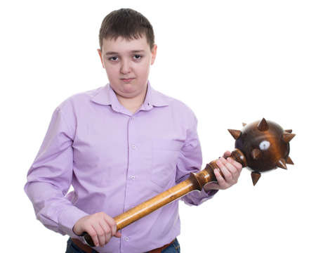 Angry man with wooden sledgehammer isolated