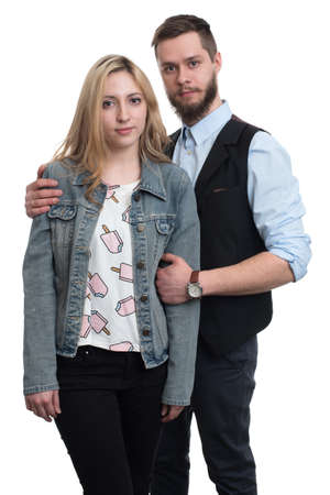 Portrait Of Young Couple Hugging Isolated On White Backgroundの写真素材