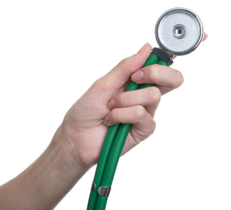 Doctor Hand Held Stethoscope Closeup isolated on white backgroundの写真素材