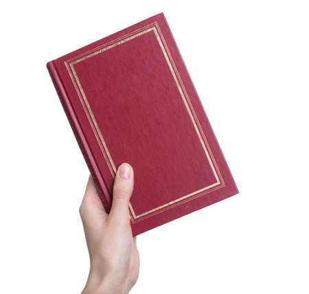 Hands hold blank red hardcover book on white background.の写真素材