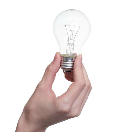 Giant tungsten lamp in hand  isolated on the white backgroundの写真素材