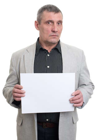 Businessman holding a white sheet in hands isolatedの写真素材