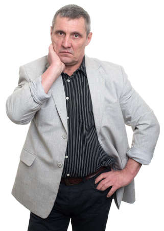 businessman pensive expression isolated on white backgroundの写真素材