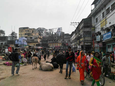 Varanasi, India - January 9, 2017: People walking in the busy streets of Varanasiのeditorial素材