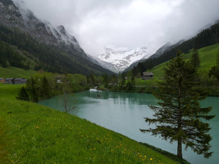 Stausee Steg lake in summer surrounded by mountains in cloudy weather - Steg, Liechtensteinの写真素材
