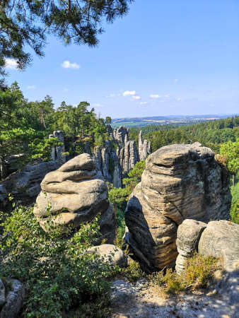 Vyhlidka miru view over the rocks and horizon of Prachovske skaly - Cesky raj, Czech Republicの写真素材