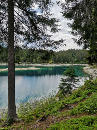 Turquoise water of the Caumasee lake surrounded by trees - Flims, Switzerlandの写真素材
