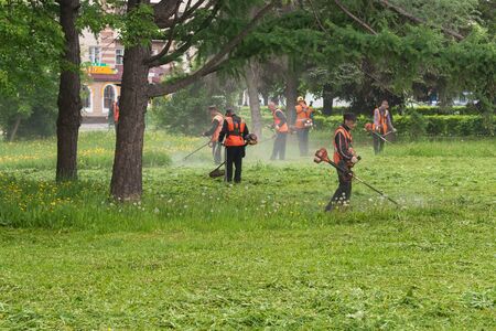 workers mowed grass benzotrimmeryのeditorial素材