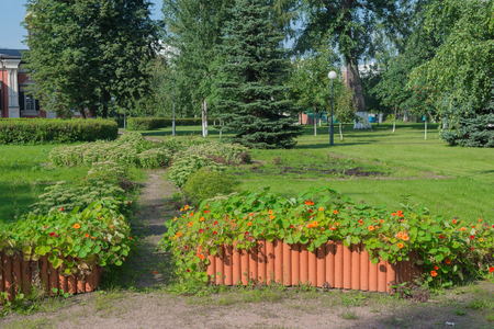 August 12, 2013: Photo of park in Temple-Patriarchal Compound Holy Trinity. Moscow.のeditorial素材