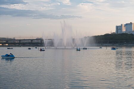 July 30, 2016. Photo of Cheboksary Bay with fountain and catamarans. Cheboksary. Russia.のeditorial素材