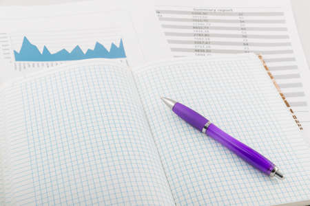 Purple pen on a blank sheet of notebook, next to the tables
