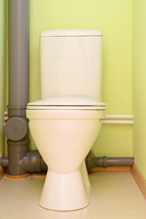 White toilet bowl in the bathroom with green wallsの写真素材