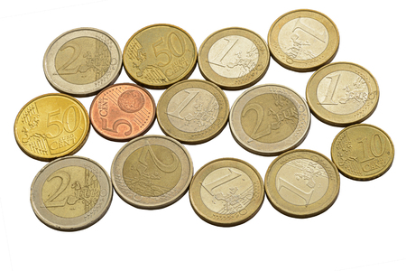 Euro coins and cents on a white backgroundの写真素材