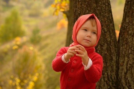 The girl in red on a background of natureの写真素材
