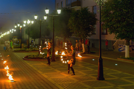 July 07, 2013: Photo of fire performance on the city street. Cheboksary. Russia.のeditorial素材