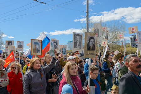May 9, 2018: Photo of people with placards at the rally "Immortal Regiment". Cheboksary. Russia.のeditorial素材