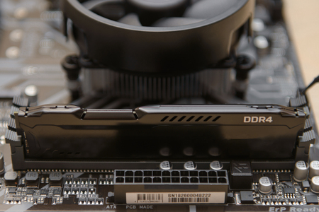 black motherboard computer with installed memory module DDR4の写真素材