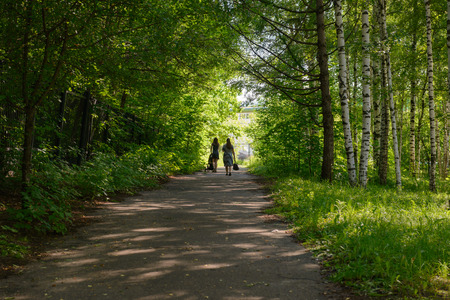 July 20, 2017: Two girls with a pram are walking along a green dark alley on a sunny summer day....