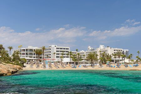 May 2, 2014: Hotel Adams Beach with the beach on the Mediterranean Sea. Cyprus. Ayia Napa.のeditorial素材