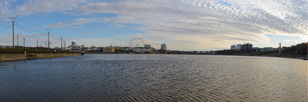 April 14, 2019: Panorama of Cheboksary Bay with buildings and monuments on a spring evening. Cheboksary. Russia.のeditorial素材