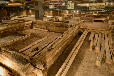 August 23, 2020: tree Museum in Sviyazhsk. Excavations of wooden buildings. Sviyazhsk. Russia.のeditorial素材