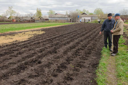May 6, 2017: Planting potatoes in a plowed field by hand. Chuvashia. Russia.のeditorial素材