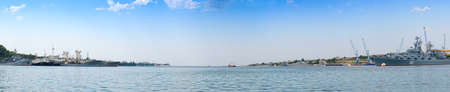 July 11, 2021: Panorama of the Sevastopol Bay with warships, port, and civilian vessels. Sevastopol. Crimea.のeditorial素材
