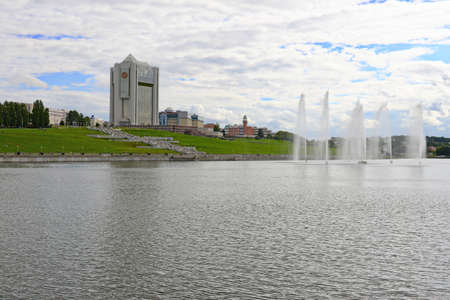 August 16, 2015: Buildings on the bank of Cheboksary embankment. Cheboksary. Russia.のeditorial素材