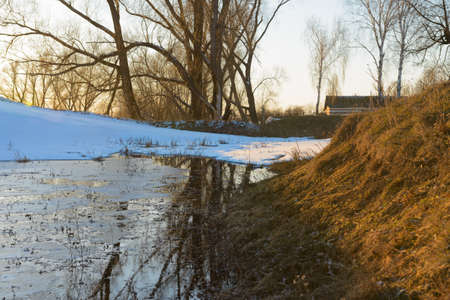 Spring evening landscape with melting snow in a ravine with treesの写真素材