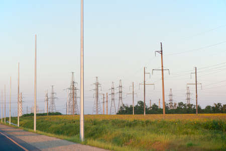 Poles and power lines in a field along an asphalt roadの写真素材