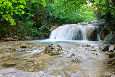 Forest waterfall in a mountainous area on a sunny summer morningの写真素材