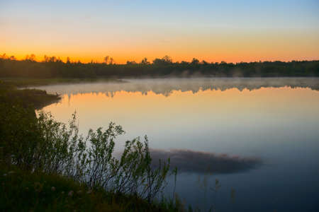 Fog over the lake on a beautiful summer eveningの写真素材