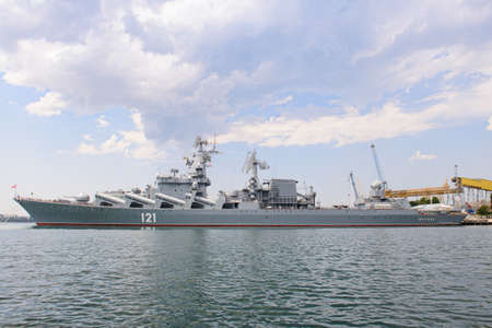 July 11, 2021: The flagship of the Russian Black Sea Fleet, the missile cruiser Moscow, is in port. The Black Sea. Russia.のeditorial素材