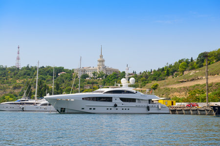July 11, 2021: White yacht TAURICA off the coast. The Black Sea. Russia.のeditorial素材