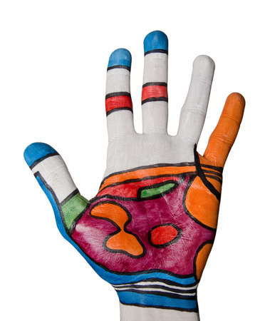 Human palm with acupuncture scheme drown on it の写真素材