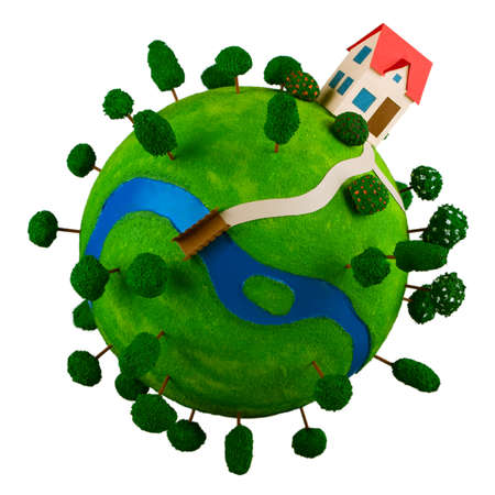 Little green planet with toy house, river and trees の写真素材
