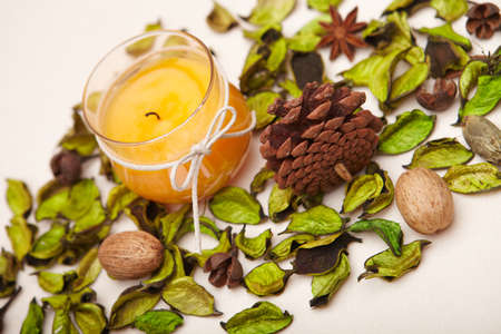 Background with candle and dried plants.の写真素材