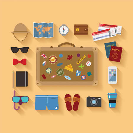 Vector modern flat style icons set for tourism industry, travelling on airplane, planning summer vacations のイラスト素材