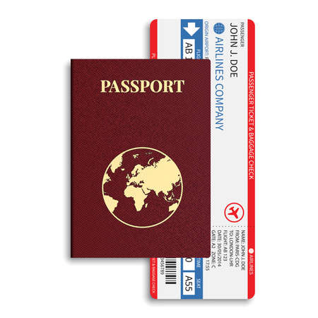 Vector airline passenger and baggage   boarding pass   tickets with barcode and international passport のイラスト素材