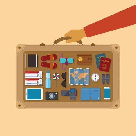 Vector modern flat style icons set for tourism industry, travelling on airplane, planning summer vacations のイラスト素材