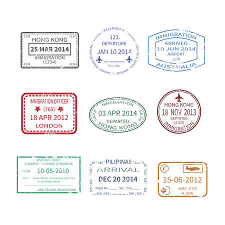 Vector international business and vacations travel visa stamps set like hong kong australia london new zeland and philippinesのイラスト素材