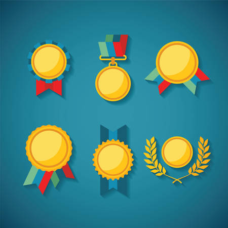 Set of vector golden awards for rewarding ceremony decoration and distinctionのイラスト素材